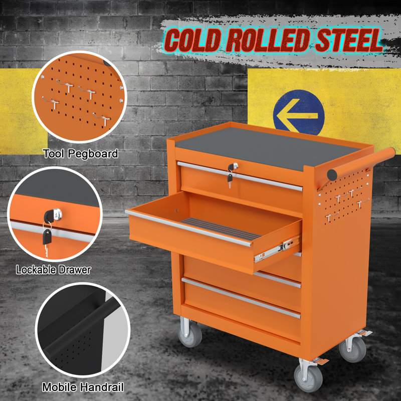 5-drawer Tool Box With 4 Rolling Wheels, Orange