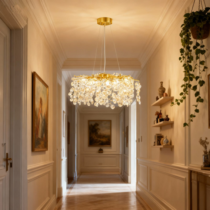 23.62" Modern Golden Branch Round Crystal Pendant, Sunflower Crystal, G9 Base, Excluding Light Bulb