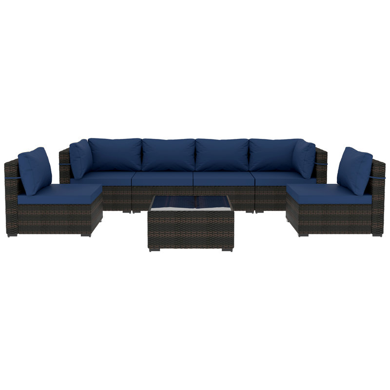 Ensemble de conversation modulaire en rotin 7 pièces avec coussins Cahangir, Bleu marine