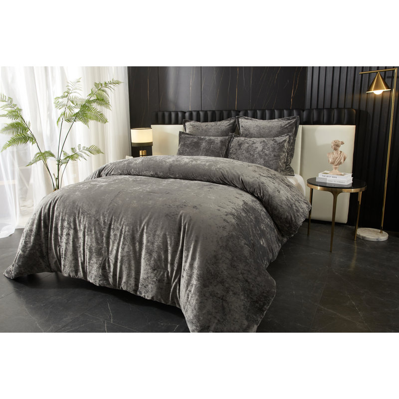 Ensemble d'édredon 100% velours gris Zera, Gris, Édredon de très grand lit + 4 pièces additionne