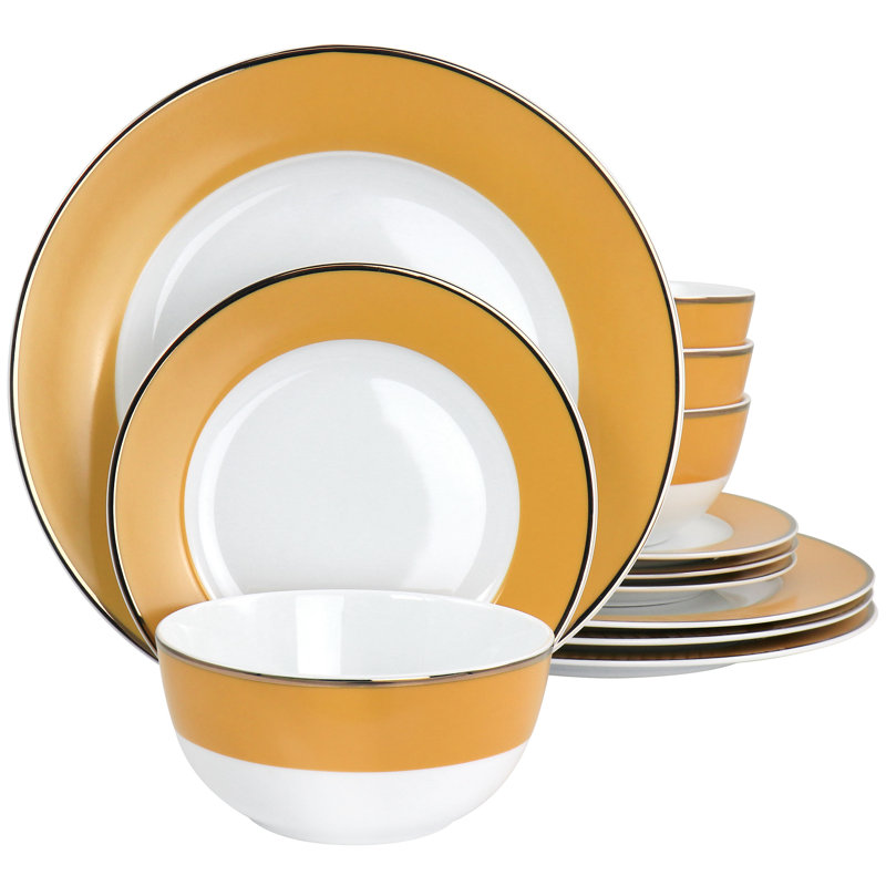 Yellow Ceramic 12-Piece Dinnerware Set with Gold Rim