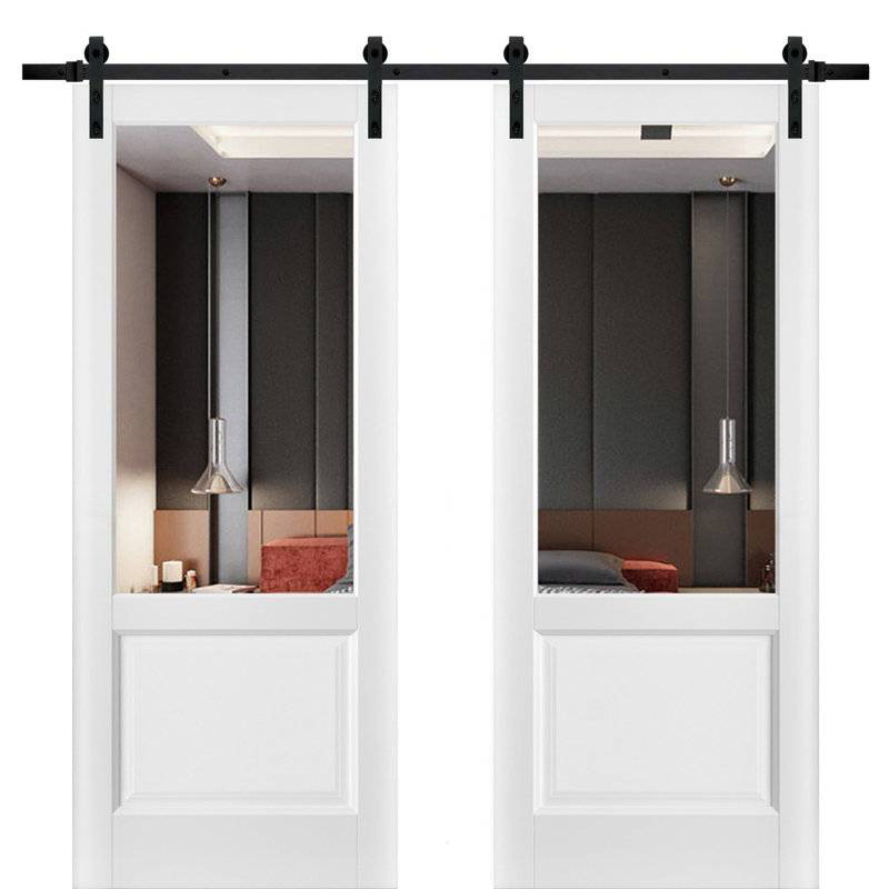 Porte de grange double robuste avec rail Lucia 1533 blanc soie et vitrage clair, supports de rail de 4 m (13 pi), portes intérieures à panneaux pleins et lourds - 213 cm x 213 cm (84 po x 84 po) (2 x 107 cm x 84 po) - Rail noir - Vitrage clair