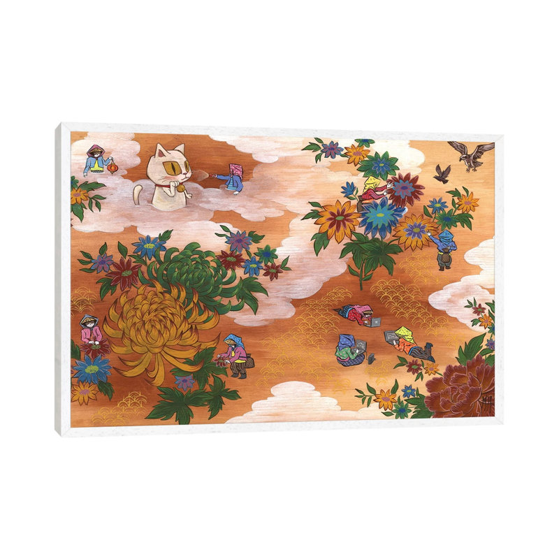 Peony Cat by Martin Hsu - Print on Canvas, White Framed, 101.6 cm H x 66.04 cm W