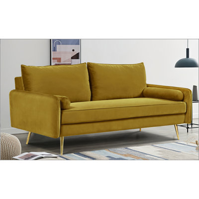 Canapé Mid-Century en velours avec revêtement clouté et pieds en métal doré, pour les salons modernes et élégants