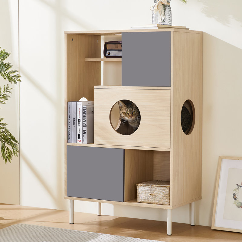 Arbre à chat moderne 2 en 1 et armoire d'appoint avec rangement, petite bibliothèque en bois avec bac à litière, armoire d'escalade pour chat avec rangement caché, armoire