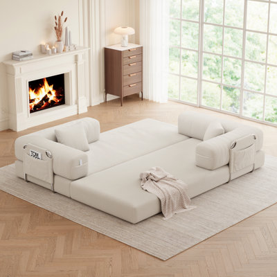 78.7" Large 5 in 1 Sofa Bed Convertible, No Tools Assembly Sleeper Sofa, Modern FrameLess Boneless Couch, Washable Corduroy Couch, Oversized for Small Space, 2 Pillows Included, White