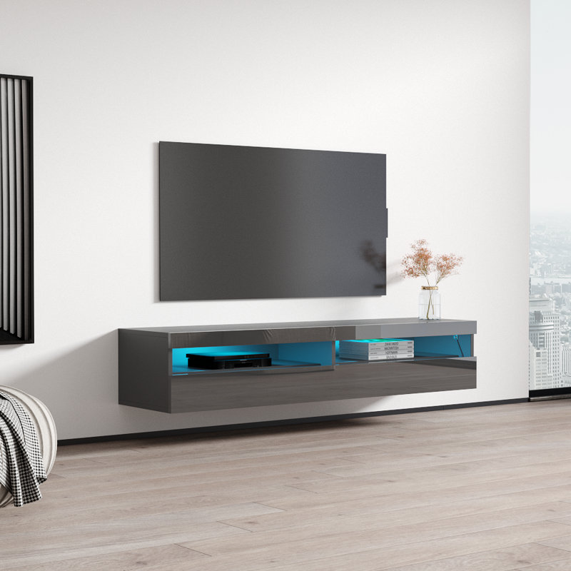 Fly 63" Modern Floating Wall Mounted TV Stand with LED Lighting, High Gloss Finish, Gray