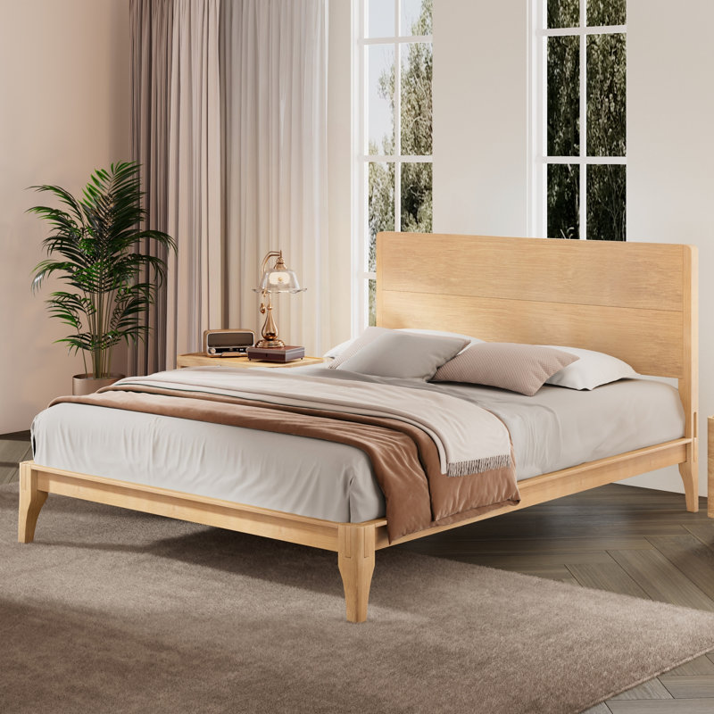 Lit plateforme en bambou de taille moyenne Mid-Century avec lattes de bois et support en métal, Natural, King