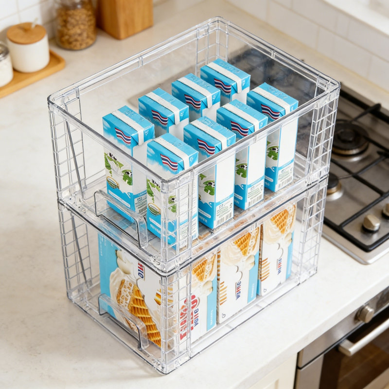 Ensemble de 2 grands tiroirs de rangement de garde-manger empilables, bacs de rangement transparents avec poignées, acrylique pour l'organisation des armoires sous le comptoir