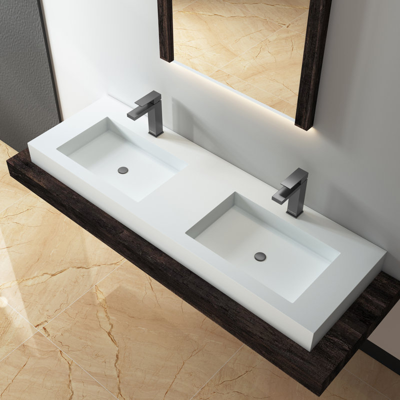Lavabo de salle de bain mural double 59 po Medunjess, surface solide blanc mat, double lavabo mural, Robinets à monotrou