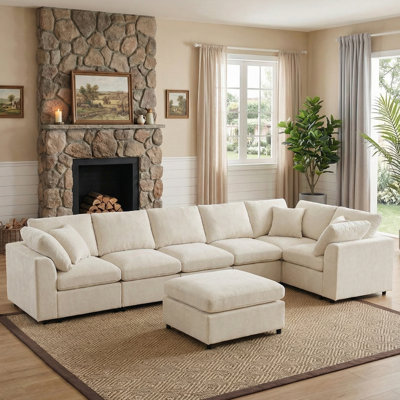 7 Pieces Chenille Sectional Corner Sofa 125" Modular Reversible Deep Seat Cloud Couch With Ottoman Chaise Set & Pillows by Mercer41