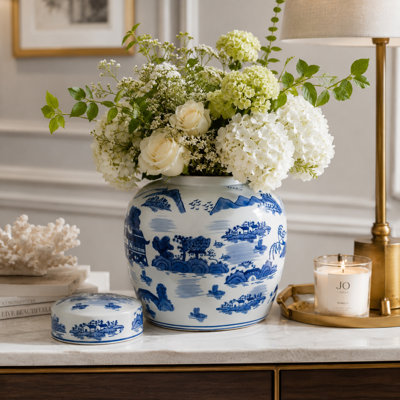 Stoneware Ceramic Chinoiserie Decorative Container with Lid