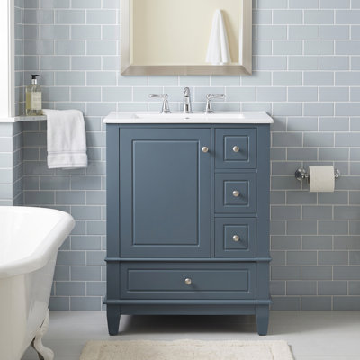 Meuble-lavabo autoportant 24 po en bois massif et panneau de fibres à densité moyenne bleu gris avec lavabo et rangement en céramique