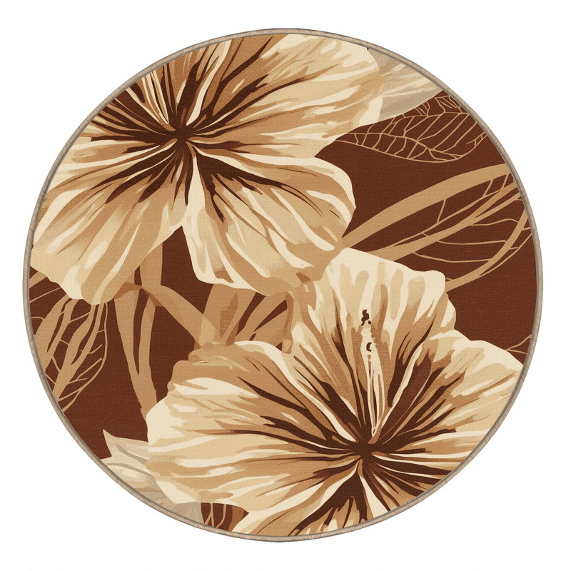 Machine Washable Oyan Hibiscus Tropical Floral Rug in Brown – Beige Binding, 3' Round