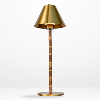 Cordless Led Table Lamp - Rechargeable Battery, Dimmable Warm Light, Portable Wireless Design With Remote For Indoor And Outdoor Use - Real Bamboo Stem, Polished Gold Iron Shade