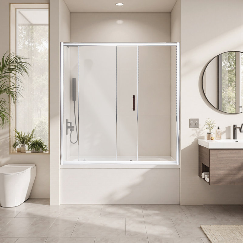 60.in W x 62.in H Single Sliding Shower Door for Bathtub, 1/5 inch Thick Clear Tempered Glass Shower Door with Stainless Steel Handle