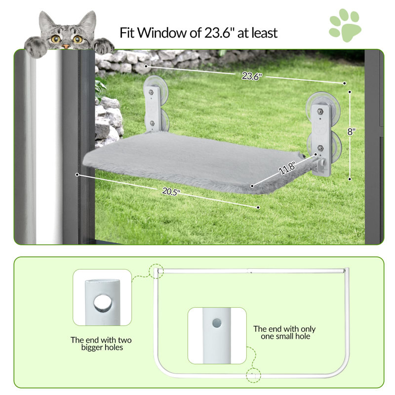 Cordless Cat Window Perch, Foldable Cat Window Hammock With 4 Suction Cups, Reversible Cover With Two Different Kinds Of Fabrics, Solid Metal Frame Cat Window Bed For Cats Inside, Grey