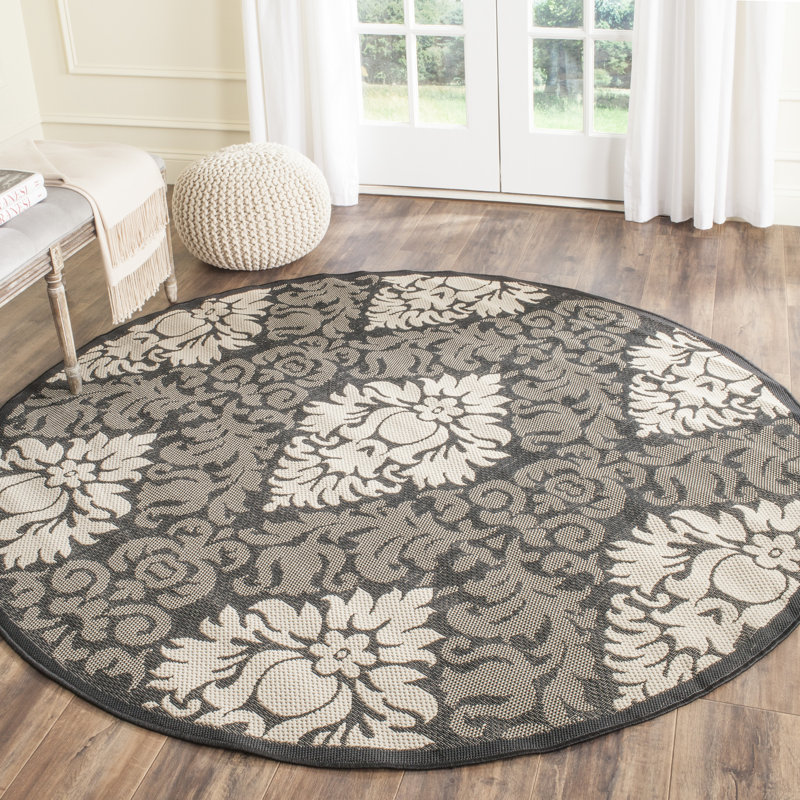 Tapis intérieur / extérieur floral / ivoire Arneshia, Rond 5 pi 3 po