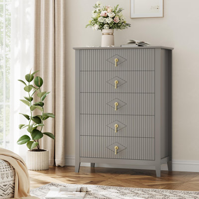 Commode moderne à 5 tiroirs pour chambre à coucher, commode en bois cannelée avec plateau large pour télé, meuble télé pour salon