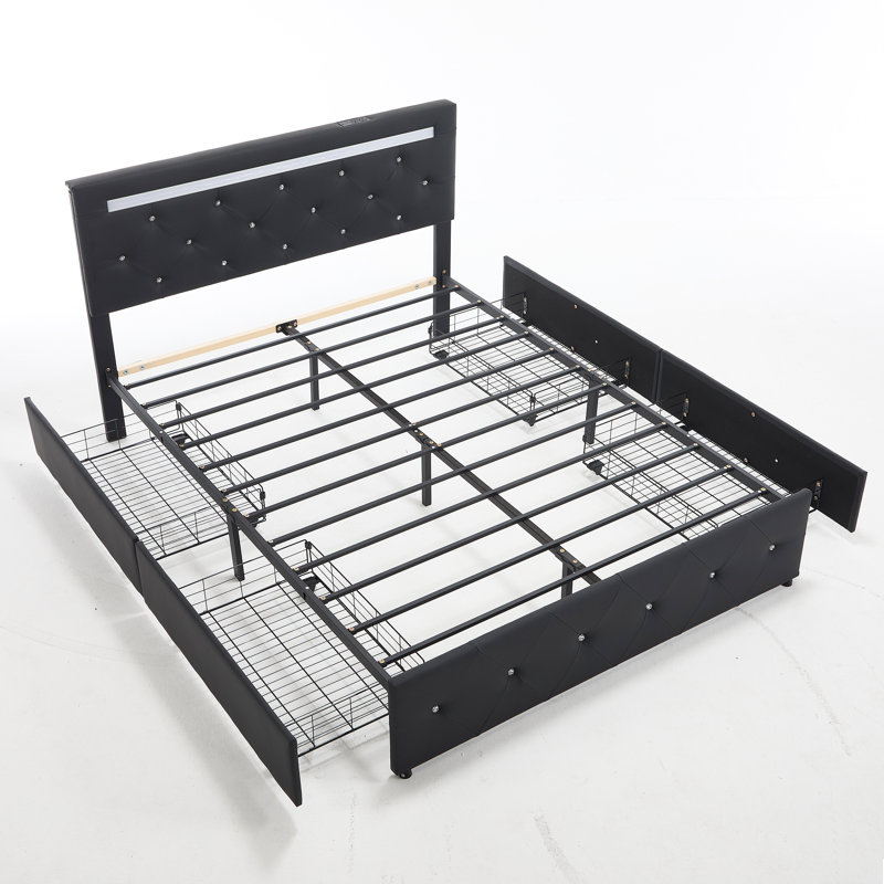 Structure de lit rembourrée avec lumière DEL, 4 tiroirs, station de charge, tête de lit réglable capitonnée à motif de losanges, lit plateforme en similicuir noir, aucun sommier nécessaire