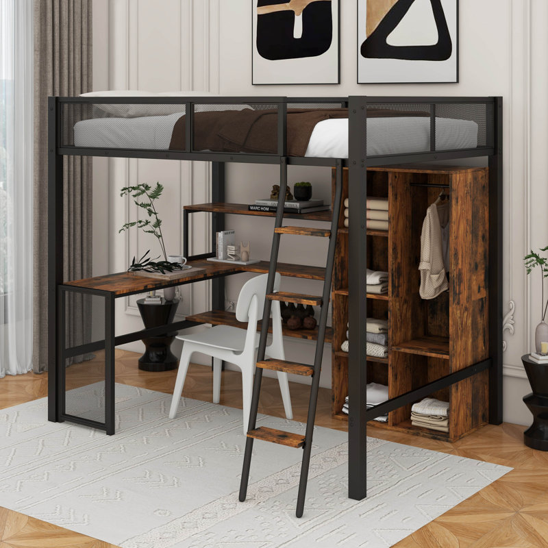 Lit mezzanine double en métal avec bureau
