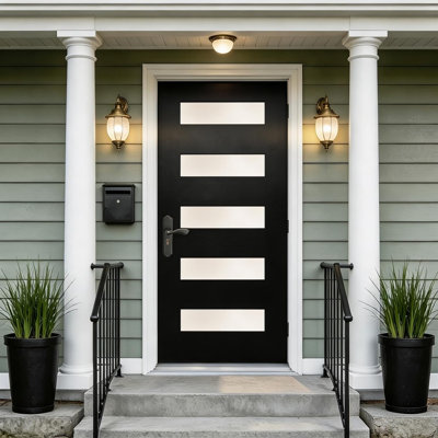 Porte d'entrée en fibre de verre 91,4 cm x 203,2 cm (36 po x 80 po) avec cadre en PVC blanc de 11,6 cm (4-9/16 po), ouverture intérieure à droite avec moulure de brique, style minimaliste contemporain, surface lisse brossée et verre dépoli, noir.