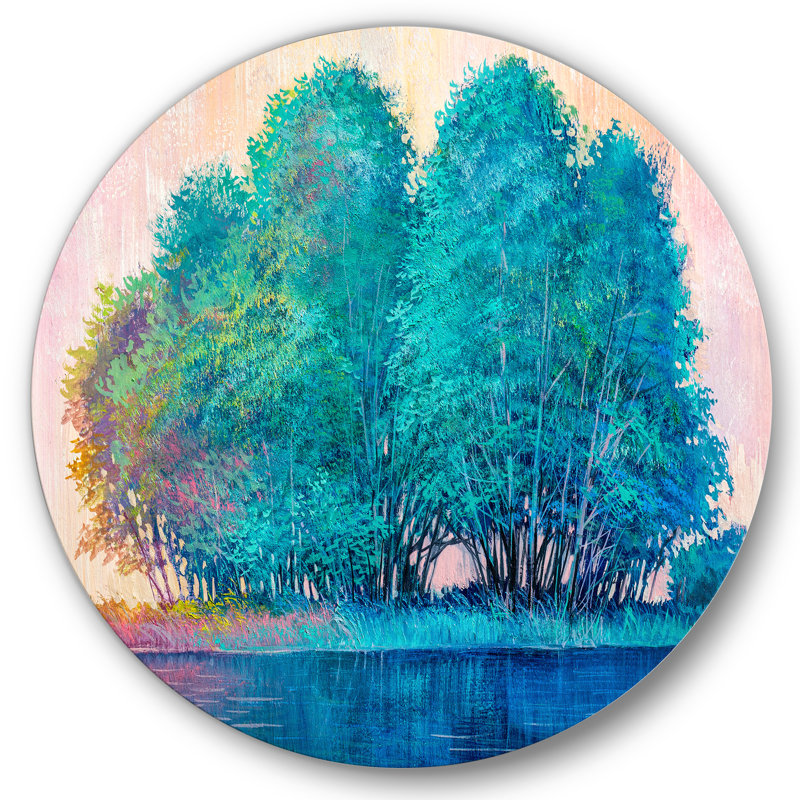 «Blue Colored Tree Impression II - Lake House», art mural en métal, H 29 po x l 29 po x P 1 po