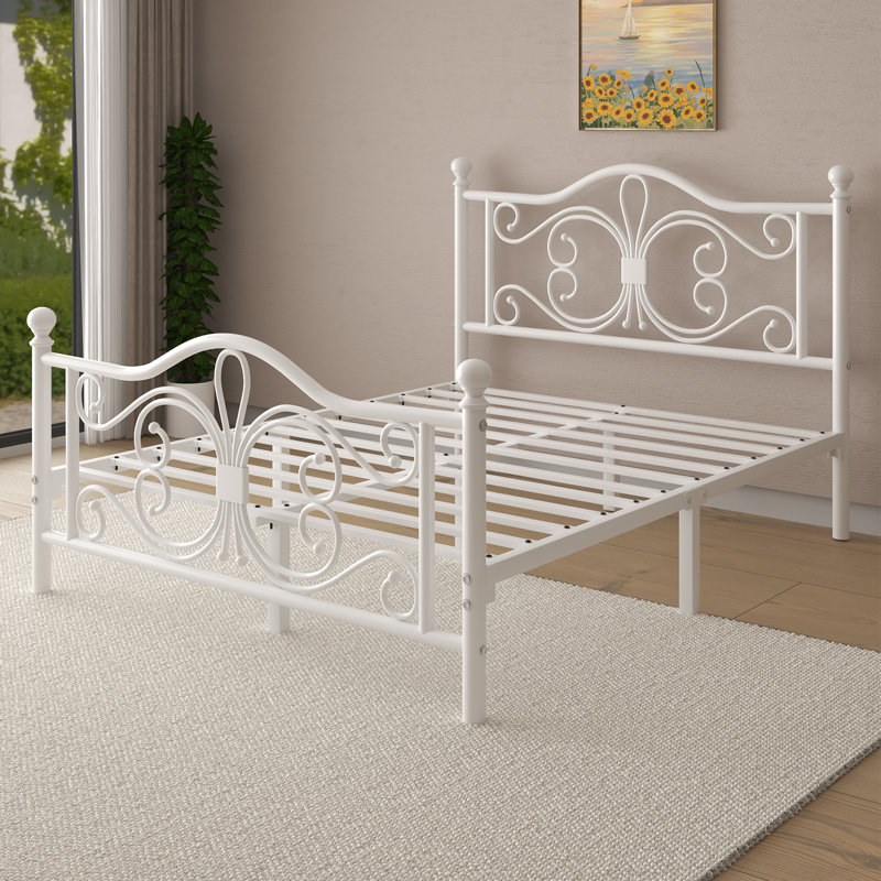 Eylin Metal Platform Bed with Butterfly Design Headboard and Footboard, Underbed Storage, Full, White