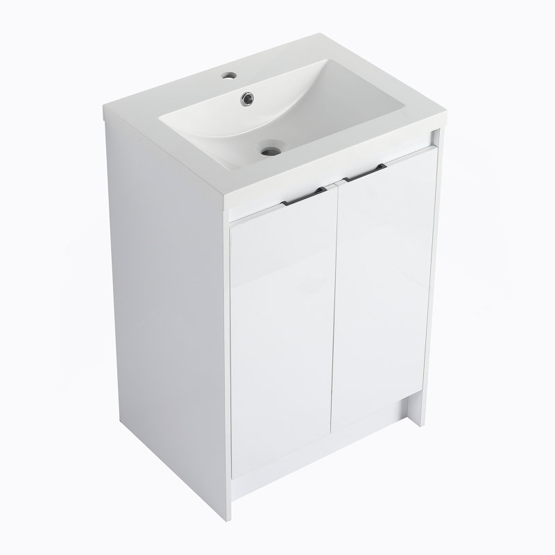 Meuble-lavabo autoportant de 48 po avec lavabo en résine, 2 armoires de rangement, 2 armoires murales, portes et tiroir à fermeture douce, blanc brillant, contreplaqué (KD-Packing)