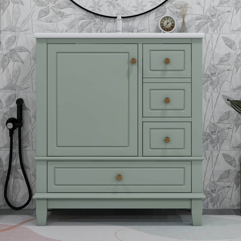 Meuble-lavabo 30 po avec lavabo, une porte avec tablette et trois tiroirs, Vert clair / doré