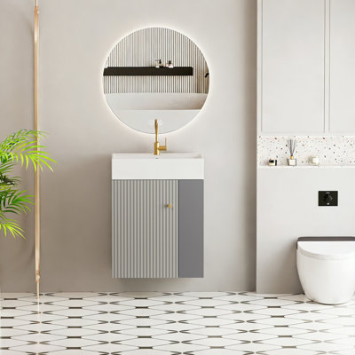 Meuble-lavabo mural 21,6 po avec lavabo en céramique, porte à fermeture douce, tablette de rangement flottante droite, assemblage requis