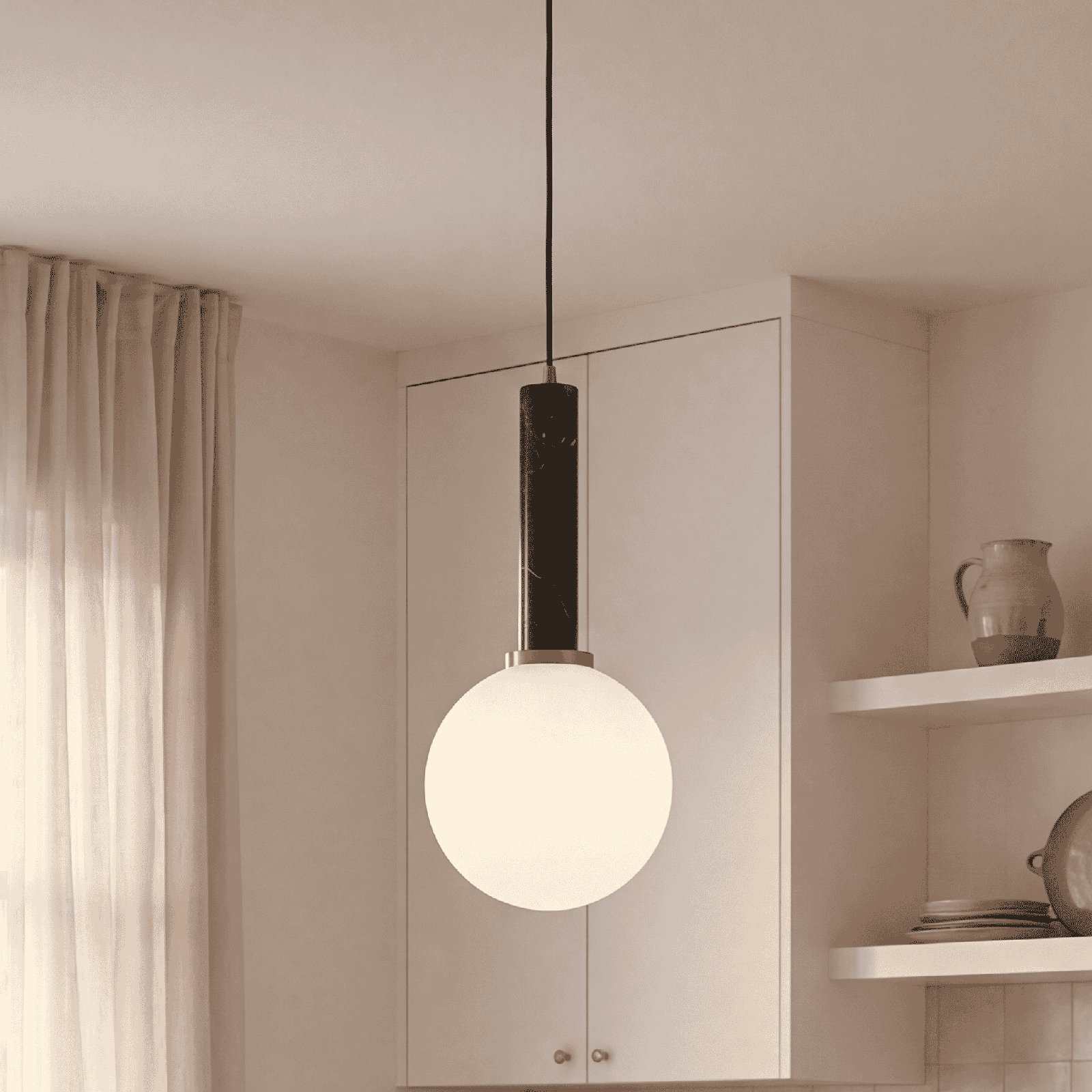 Romania Dimmable Single Light Pendant, White/Brass