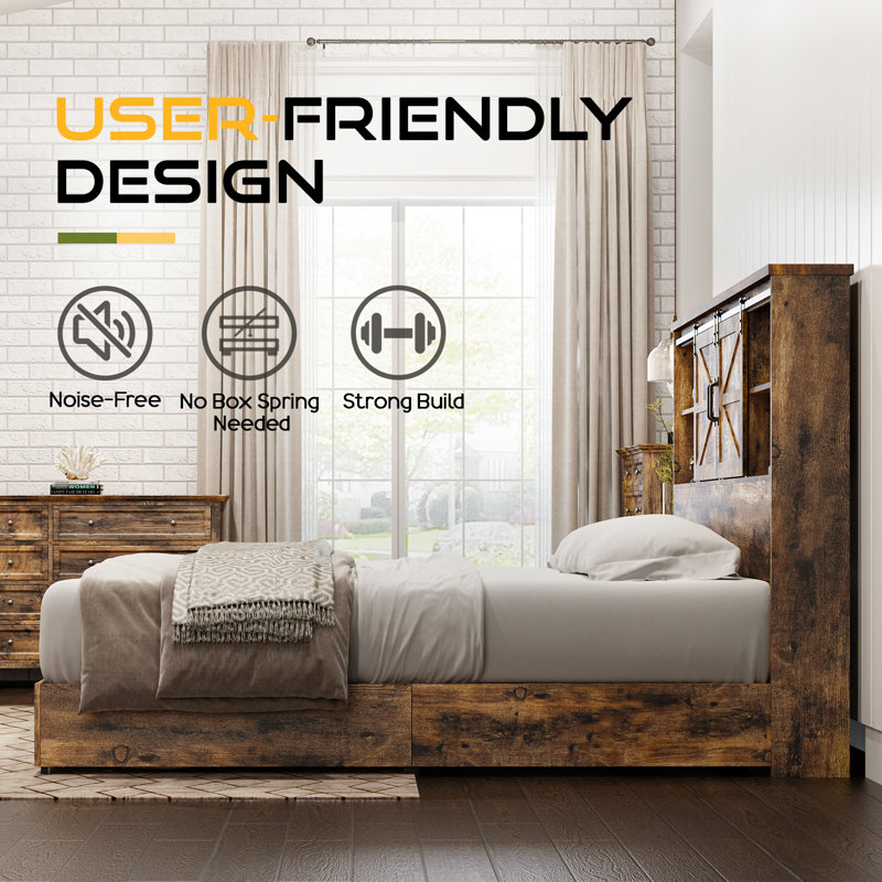 Rustic Brown Queen Wood Platform Bed with Bookcase Headboard and Storage