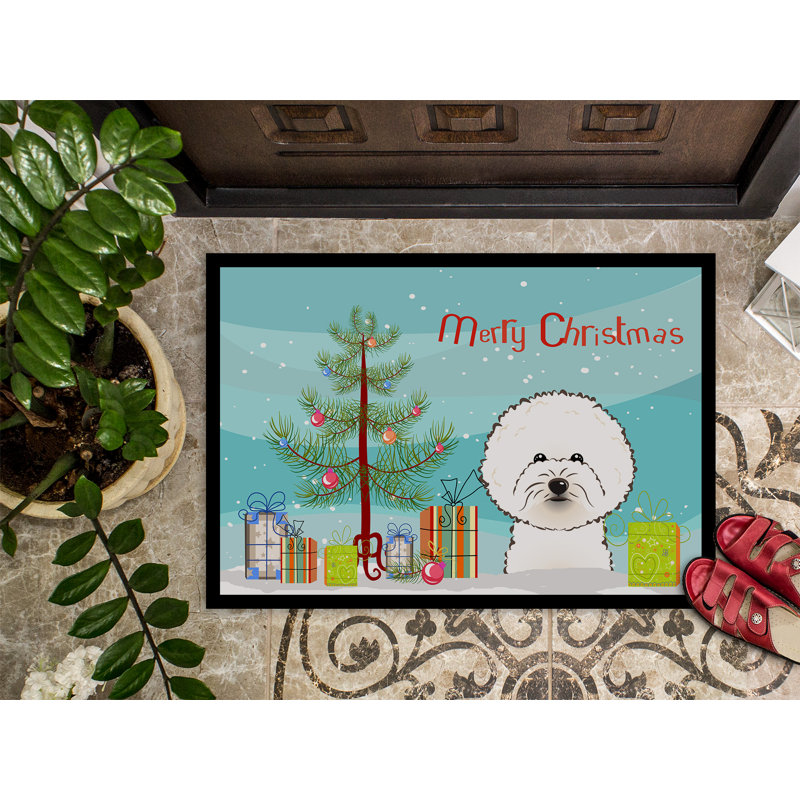 Paillasson d’extérieur antidérapant à motif de sapin de Noël et Bichon frisé Shareena, Rectangle 1 pi 6 po x 2 pi 3 po
