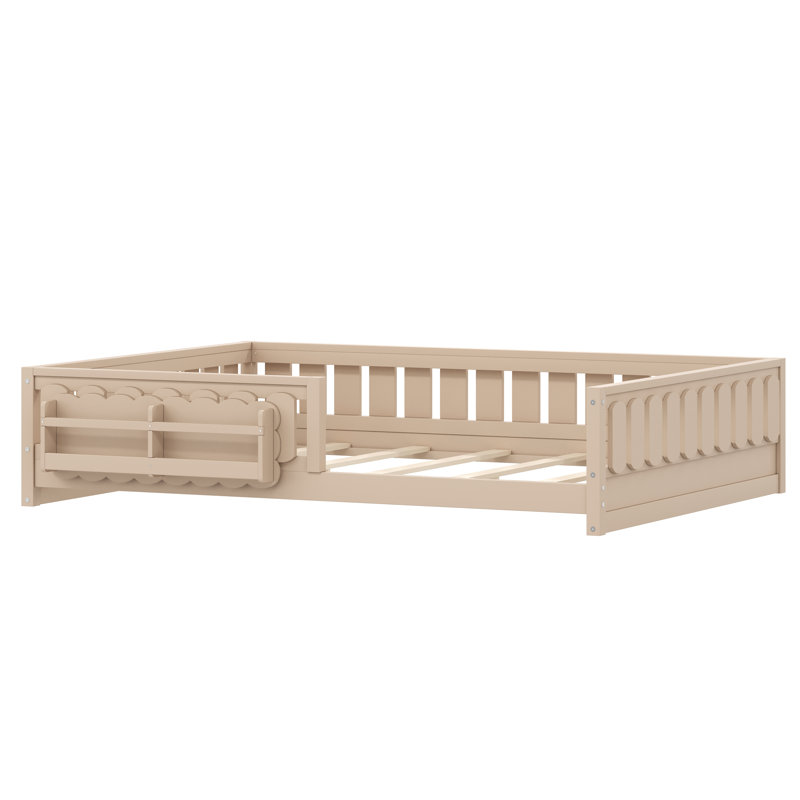 Lit plateforme double en bois pleine grandeur avec garde-corps et tablettes de rangement, base de lit en bois durable, naturel