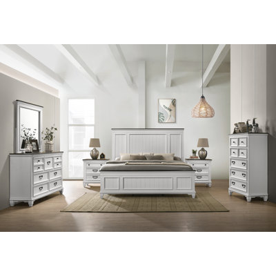 Clelane Wood Bedroom 6 Piece Set With Shiplap Panel Bed, Dresser, Mirror, Two Nightstands, And Chest