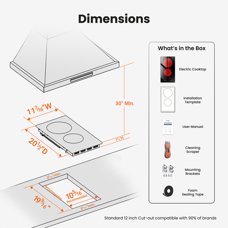 Surface de cuisson en verre micro-cristallin noir de 12 pouces avec 2 brûleurs VIKIO, certifiée ETC et FCC