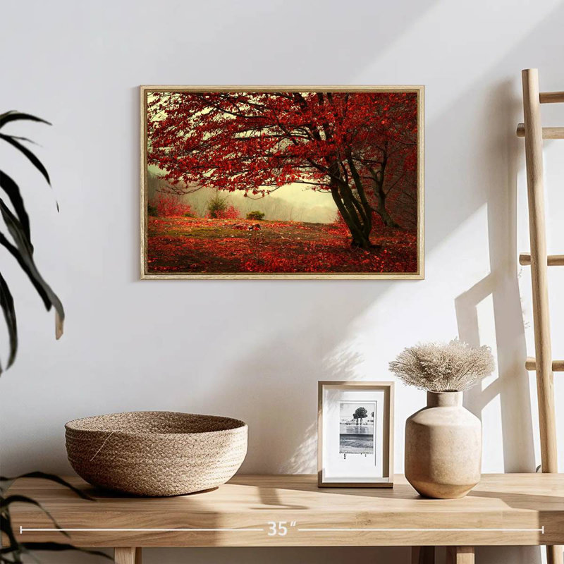 Arbre rouge en automne, 19 po x 13 po, Cadre flottant en bois naturel