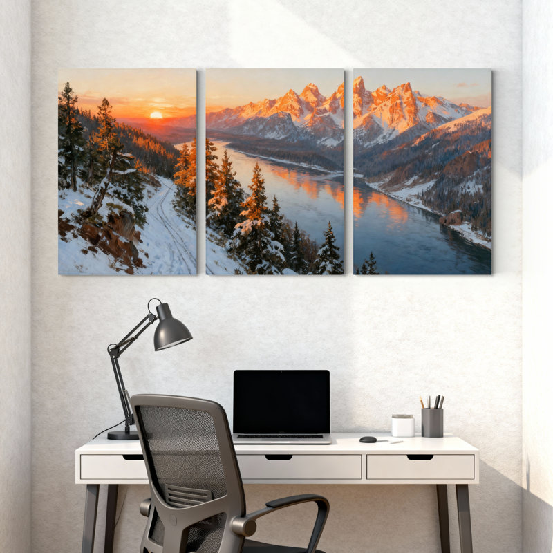 Hiver, forêt, montagnes enneigées, coucher de soleil, forêt, paysage d'hiver, ensemble de 3 impressions sur toile