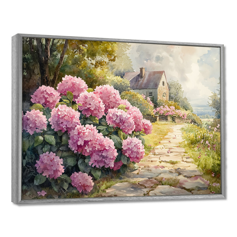 «Dobromir Hydrangeas By The Stone Path II - Hydrangea», art mural sur toile, Argent argent, H 30 po x l 40 po