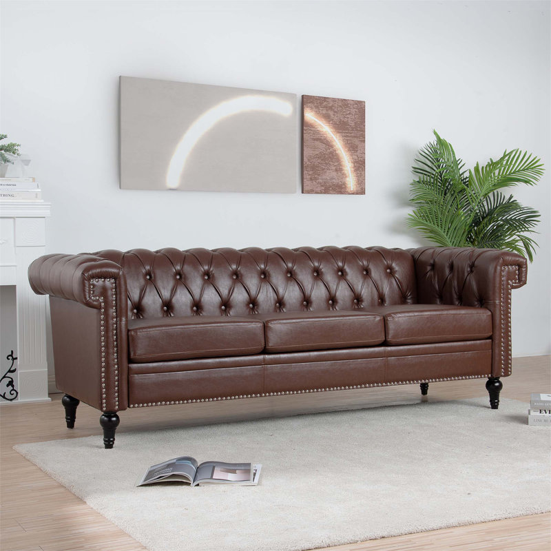 Husani Faux Leather Rolled Arms Chesterfield Sofa, Dark Brown Faux Leather, 3
