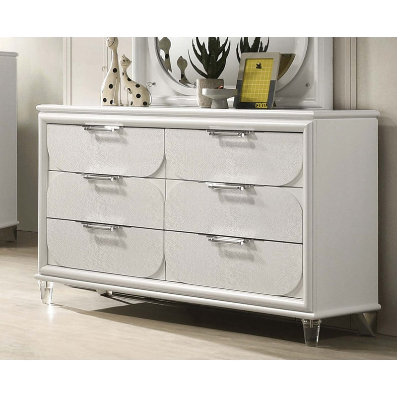 Commode 1 pièce avec poignées en acrylique et 6 tiroirs, Blanc