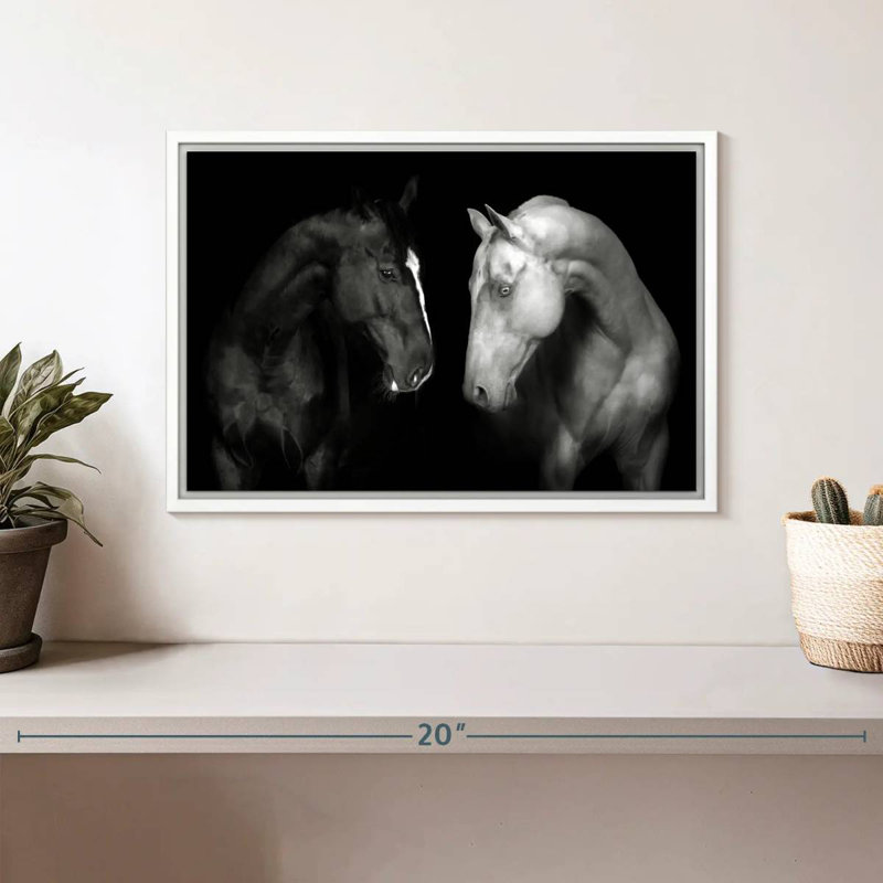 Chevaux monochromes, Cadre flottant blanc, 13 po x 9 po
