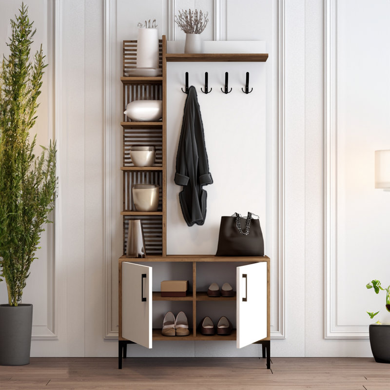 Arbre d'entrée de 35,4 po de largeur avec rangement pour chaussures, Noyer blanc