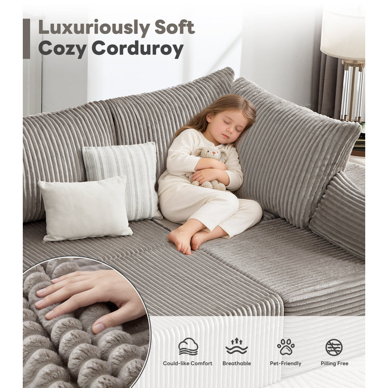 Boneless 108" Modular Sofa Corduroy Modern L Shaped Sectional For Living Room, Light Gray Corduroy