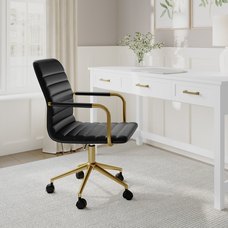 Hargrove Taytum Mid-Back Swivel Faux Leather Desk Chair with Padded Seat and Arms by Martha Stewart, Polished Brass, Black