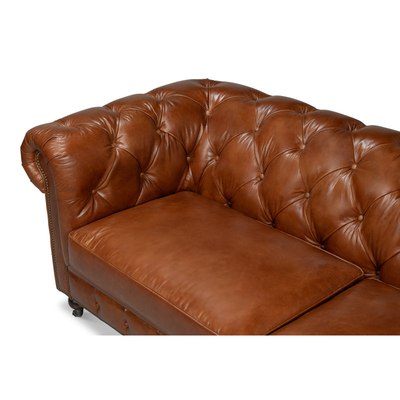 Canapé à accoudoirs roulés en cuir véritable 89 po Castered Chesterfield