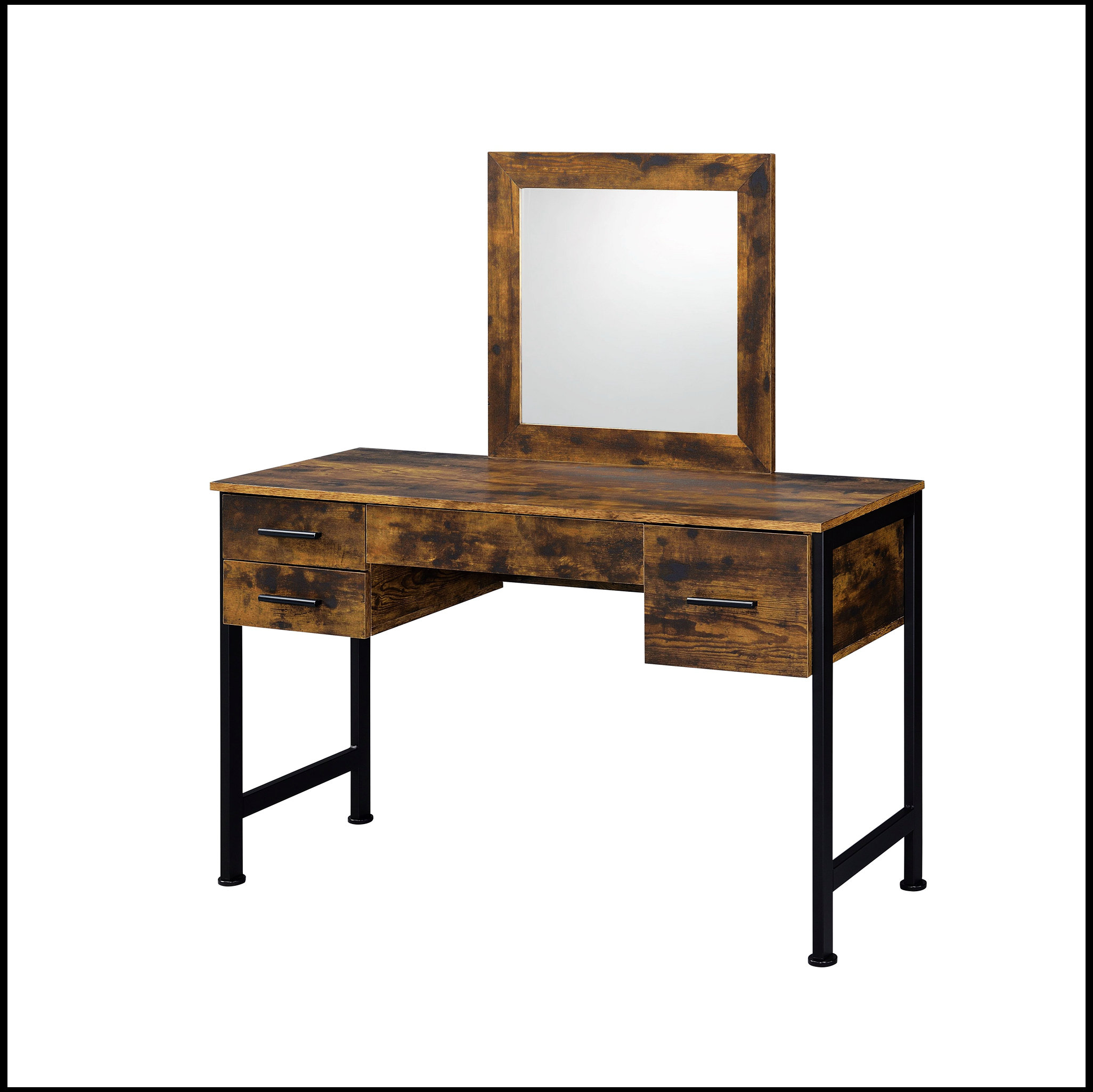 17 Stories Marcail Vanity Desk & Mirror in Rustic Oak & Black Finish