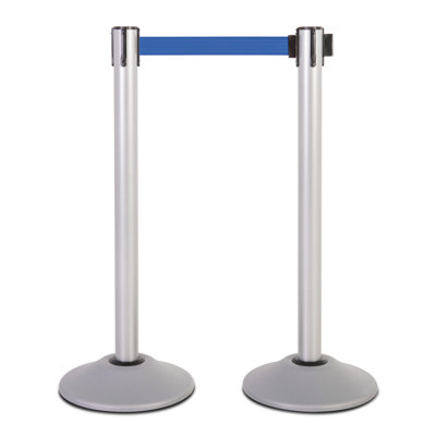 Premium Silver Steel Safety Stanchion with 7.5' Foot Retractable Belt (Silver Post/Blue Belt)