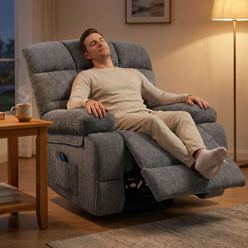 Fauteuil de massage inclinable surdimensionné avec fonction chauffante, pivotante et à bascule, assise extra-large, Gris